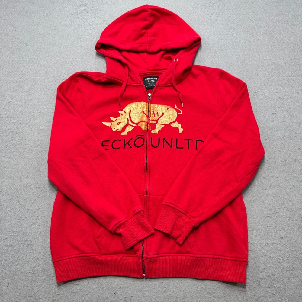 Ecko Unltd Hoodie Men's 2XL Red Rhino Graphic Fleece Lined Full Zip (Fits Large)